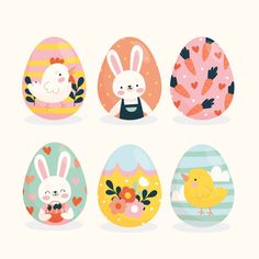 easter eggs with cute cartoon animals and flowers on them, all painted in different colors