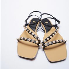 So Elegant Yet Fitting For Casual Wear Square Toes With Ankle Straps Euro Size 36(6), 38(7.5) Zara Flat Sandals, Beige Chelsea Boots, Pearl Straps, Black Flat Sandals, Cutout Ankle Boots, Zara Sneakers, Zara Sandals, Black Athletic Shoes, Black Heels Low