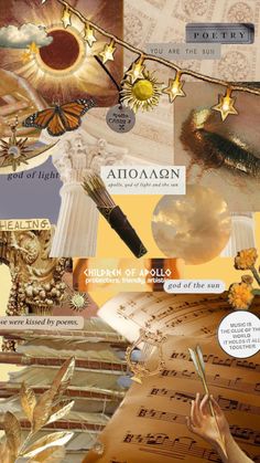 an artistic collage with many different things in the background, including sheets of paper and gold foil