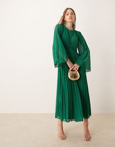 ASOS DESIGN tie back fluted sleeve pleated chevron chiffon midi dress in green | ASOS Green Dress Styling, Dress Styling, Holiday Party Attire, Midaxi Dress, Chiffon Midi Dress, Spring Floral Dress, Asos Dress, Tiered Midi Dress, Material Girl