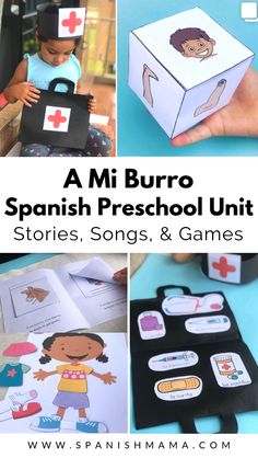 a bunch of different pictures with words and pictures on them that say,'a mi burro spanish preschool unit stories, songs & games