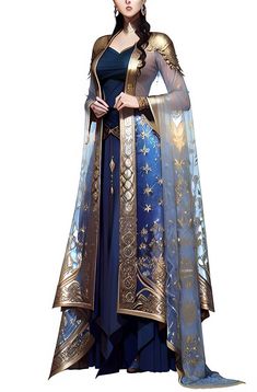 Blue And Gold Fantasy Outfit, Royalty Fantasy Outfits, Blue And Gold Fantasy Dress, Blue And Gold Outfits Classy, Summer Court Outfit Acotar, Royal Outfits Female, Fantasy Formal Wear, Fantasy Dress Blue, Fantasy Royal Clothing