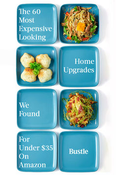 four blue plates with different types of food on them and the words, the 6 most expensive looking