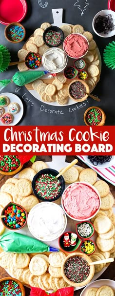 christmas cookie decorating board with cookies and dips