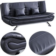 a black leather couch with four pillows and two different angles to the right, sitting in front of a white background