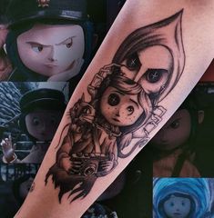 Tim Burton Coraline Tattoo, The Other Mother Tattoo, Wednesday Tattoo Ideas, Wybie Coraline Tattoo, Caroline Tattoo Tim Burton, Scary Movie Tattoos Sleeve, Caroline Tattoo Ideas, Coraline Sleeve Tattoo, Coralline Tattoos Ideas