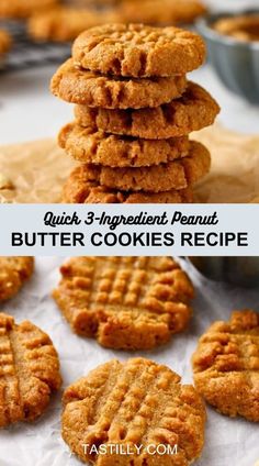 peanut butter cookies stacked on top of each other with the words, quick 3 ingredient peanut butter cookie recipe