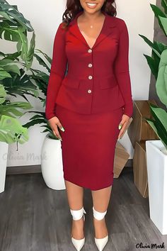 Olivia Mark - Womens Elegant White Two-Piece Workwear Set with Solid Patchwork and Turn-Back Collar Feminine Office, Solid Midi Dress, Chic Shirts, Work Skirts, Split Skirt, Body Con Skirt, Casual Work, Work Blouse, Dress Suits