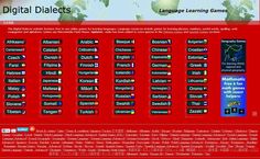 the website for language learning games, including languages and numbers on red background with world map