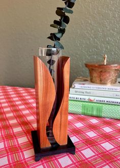 a vase that has some kind of plant in it on top of a table with books