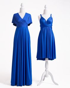 two dresses on mannequins, one in blue