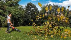 a man with a chainsaw is walking through the grass in front of some trees