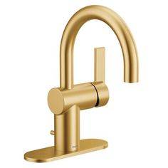 a gold faucet on a white background with the handle extended to it's side