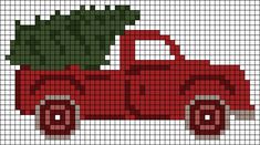 a red truck with a christmas tree on the back is shown in this cross stitch pattern