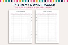 the tv show / movie tracker printable as updated planner insert is on top of a rainbow striped background