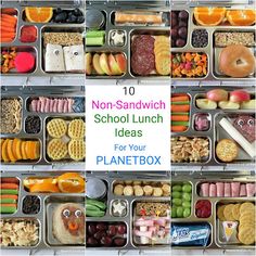 a lunch box filled with lots of different food items and the words non - sandwich school lunch ideas for your planetbox