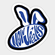 a sticker with the words new years written in blue and white on it's side