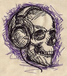 a drawing of a skull wearing headphones