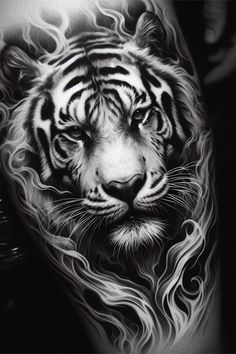 a black and white tiger tattoo on the left arm, with flames coming out of it