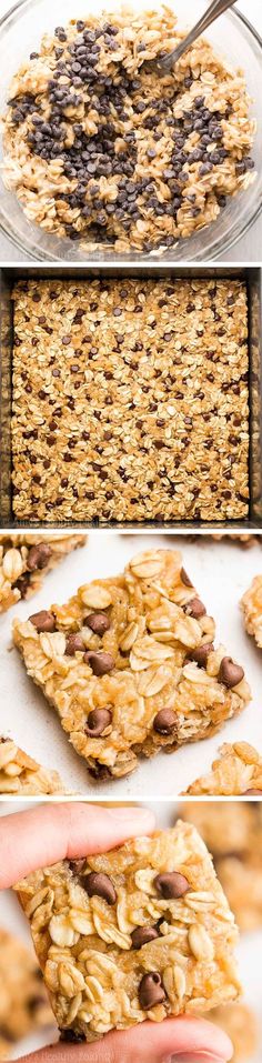 the process to make granola cookies is shown in three different pictures, including one being cut