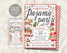 a christmas party flyer is shown next to an iphone