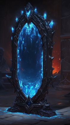 a mirror with blue lights on it in the middle of a dark room, surrounded by fire and ice