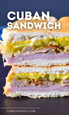 two sandwiches stacked on top of each other with the words cuban sandwich in front of them