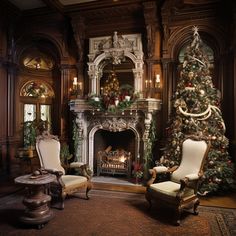 a living room decorated for christmas with a fireplace and large tree in the corner next to two chairs