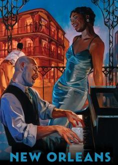 a painting of a man and woman playing the piano