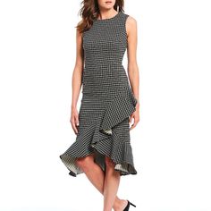 Brand New With Tags, Calvin Klein Plaid Jacquard Ruffle Hi-Low Hem Midi Dress, Sz 8. Calvin Klein Menswear Plaid Pattern Dress With Cascading Ruffle Detail. Approx. 42.5"L From Shoulder To Hem. Jewel Neckline. Sleeveless. Sheath Silhouette. Midi Length. High-Low Hem. Waist Line: Appr 16". Back Zip. Rayon/Polyester/Nylon/Spandex. Fabric Is Very Stretchy. Dry Clean. Perfect For Any Special Occasions! Black Jacquard Dresses For Spring, Chic Jacquard Midi Dress, Elegant Houndstooth Midi Dress For Spring, Fitted Jacquard Midi Dress, Fitted Jacquard Midi Dress In Chic Style, Chic Fitted Jacquard Midi Dress, Elegant Spring Midi Dress With Houndstooth Pattern, Elegant Midi Dress With Houndstooth Pattern For Spring, Chic Black Jacquard Dress