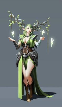 a woman dressed in green and holding two wands