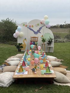 an outdoor birthday party setup with balloons, plates and cups on a table in the grass