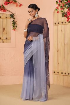 Grey two tone saree with floral, mukaish embroidery. Comes along with unstitched blouse piece. - Aza Fashions Fusion Style Wedding Saree With Unstitched Blouse, Festive Fusion Style Pre-draped Georgette Saree, Fusion Style Saree In Georgette With Traditional Drape, Designer Fusion Pre-draped Saree With Zari Work, Fusion Style Saree Blouse For Diwali, Festive Fusion Style Georgette Saree, Festive Fusion Georgette Saree, Festive Fusion Style Saree With Sheer Dupatta, Festive Fusion Saree With Sheer Dupatta