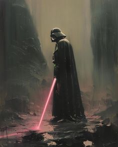 darth vader standing in the rain with his lightsaben on and looking at something