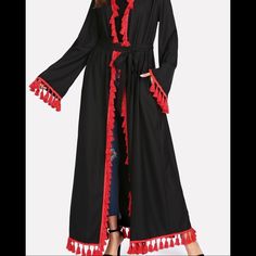 Beautiful Abaya From Dubai Runway. Brand New. One Of A Kind. Fits Upto A Size Large. Spring Black Maxi Length Abaya, Spring Black Maxi-length Abaya, Black Long Abaya For Spring, Long Black Abaya For Spring, Spring Black Long Abaya, Long Black Spring Abaya, Red Long Abaya For Eid, Black Maxi Length Kimono For Spring, Spring Black Maxi-length Kimono