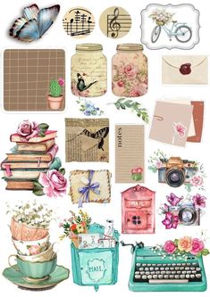 a bunch of different items that are on top of a white surface with words and flowers