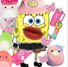 the spongebob character is wearing a pink hat and has many other items around it