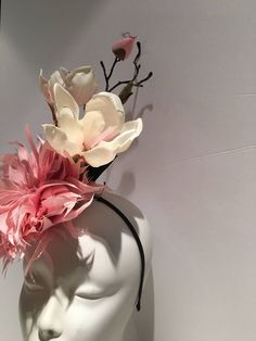 Magnolia- Light Pink Fascinator -Frederick Law Olmsted Awards Luncheon - Flower Fascinator- Pink Headband -Horse race- Derby- Wedding- Garden Party- Derby Days Hello, This fascinator is made with several pink and ivory magnolia blossoms that is about 4 inches. It placed on a straw 5 inches circle. Along with this is a beautiful burst of pink feathers, absolutely stunning in person. Various shades of pinks and ivory make this piece easy to match an outfit. It is attached to a satin covered skinny Formal Spring Headpiece With Handmade Flowers, Elegant Pink Headband For Kentucky Derby, Pink Handmade Flower Headband For Kentucky Derby, Pink Pinched Crown Headpiece For Races, Pink Structured Crown Headpiece For Races, Pink Headband For Races, Pink Hair Accessories For Kentucky Derby, Elegant Pink Hair Accessories For Races, Handmade Flower Hair Accessories For Kentucky Derby Garden Party