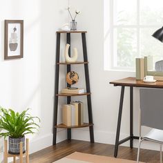 a room with a desk, chair and bookshelf