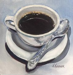 a painting of a cup of coffee on a saucer with a spoon next to it