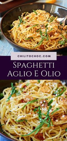 spaghetti with basil and parmesan cheese in a skillet on a blue table