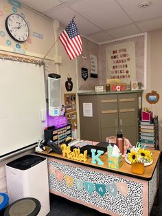 a desk with letters and decorations on it