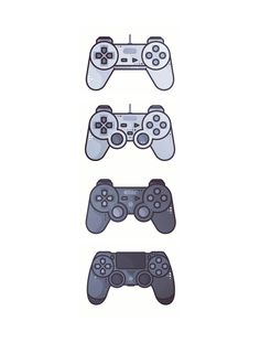 three video game controllers are shown on a white background