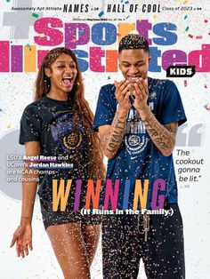 the front cover of sports illustrated magazine with two people standing next to each other and confetti falling from their mouths