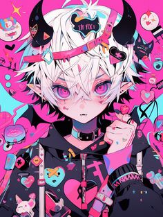 an anime character with pink eyes and horns on her head, surrounded by other characters