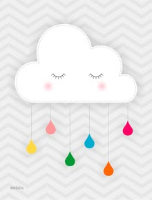 a cloud with eyes closed and rain drops hanging from it