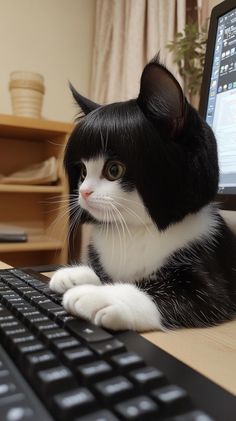 a black and white cat sitting next to a keyboard