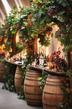 there are many wine barrels lined up along the wall with plants growing on them and bottles in front of them