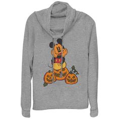 a mickey mouse halloween sweatshirt with pumpkins on the chest and ears hanging down from it