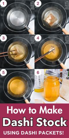 Step-by-step visual guide showing the transformation of clear water into golden dashi broth using convenient tea-style packets in a small pot